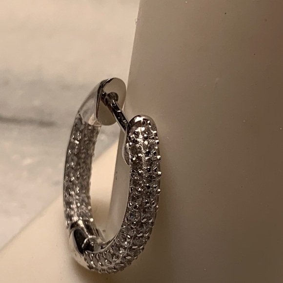 Sterling Silver Huggie Earrings With CZ Stones. Small Hoops - Picture 5 of 6